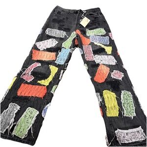 mnml Patchwork Flared Blue Denim Jeans Cotton 5-Pocket New with Tags 29x30